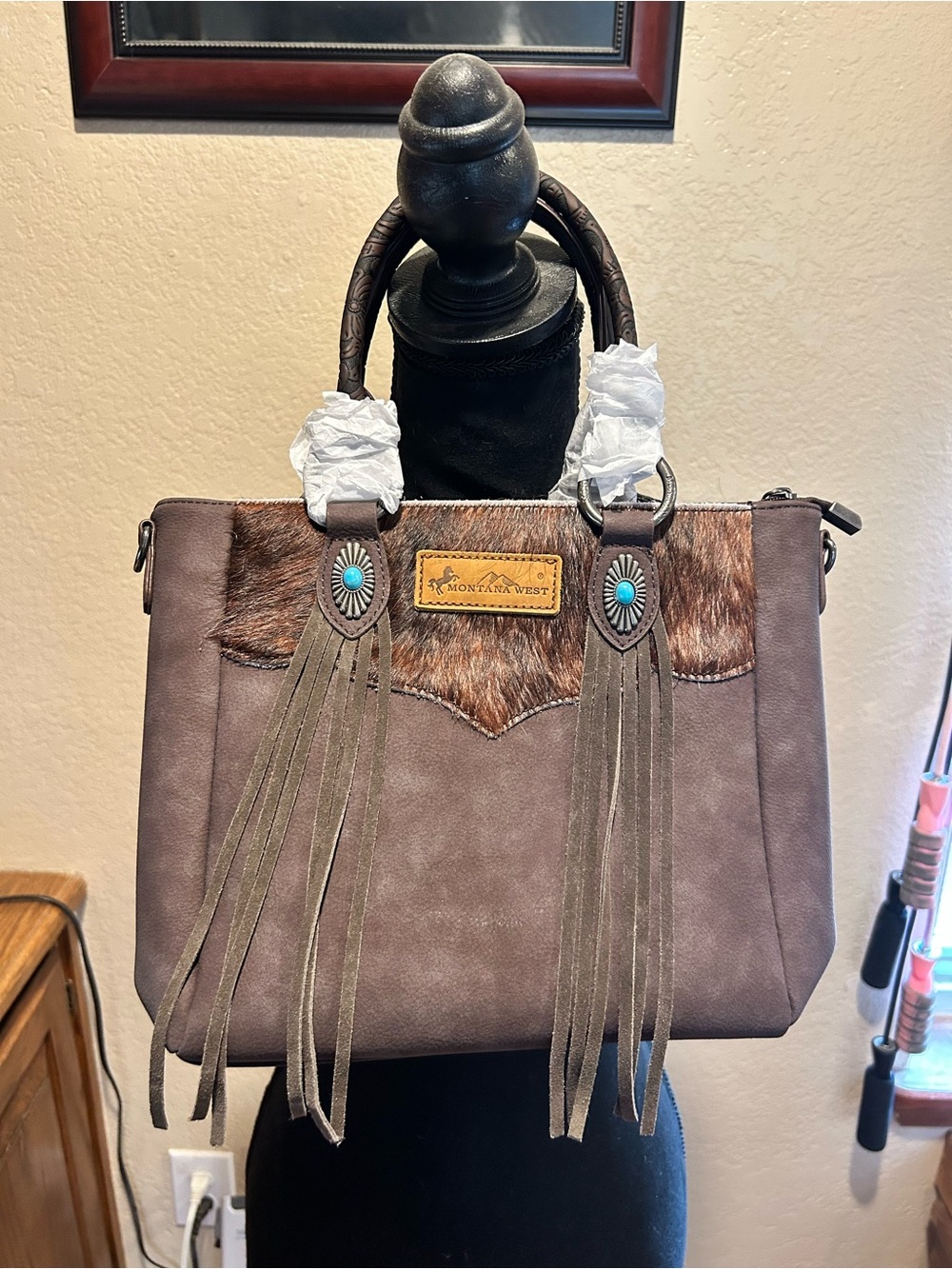 Montana West Brown Fringe Tote with Turquoise Conchos
